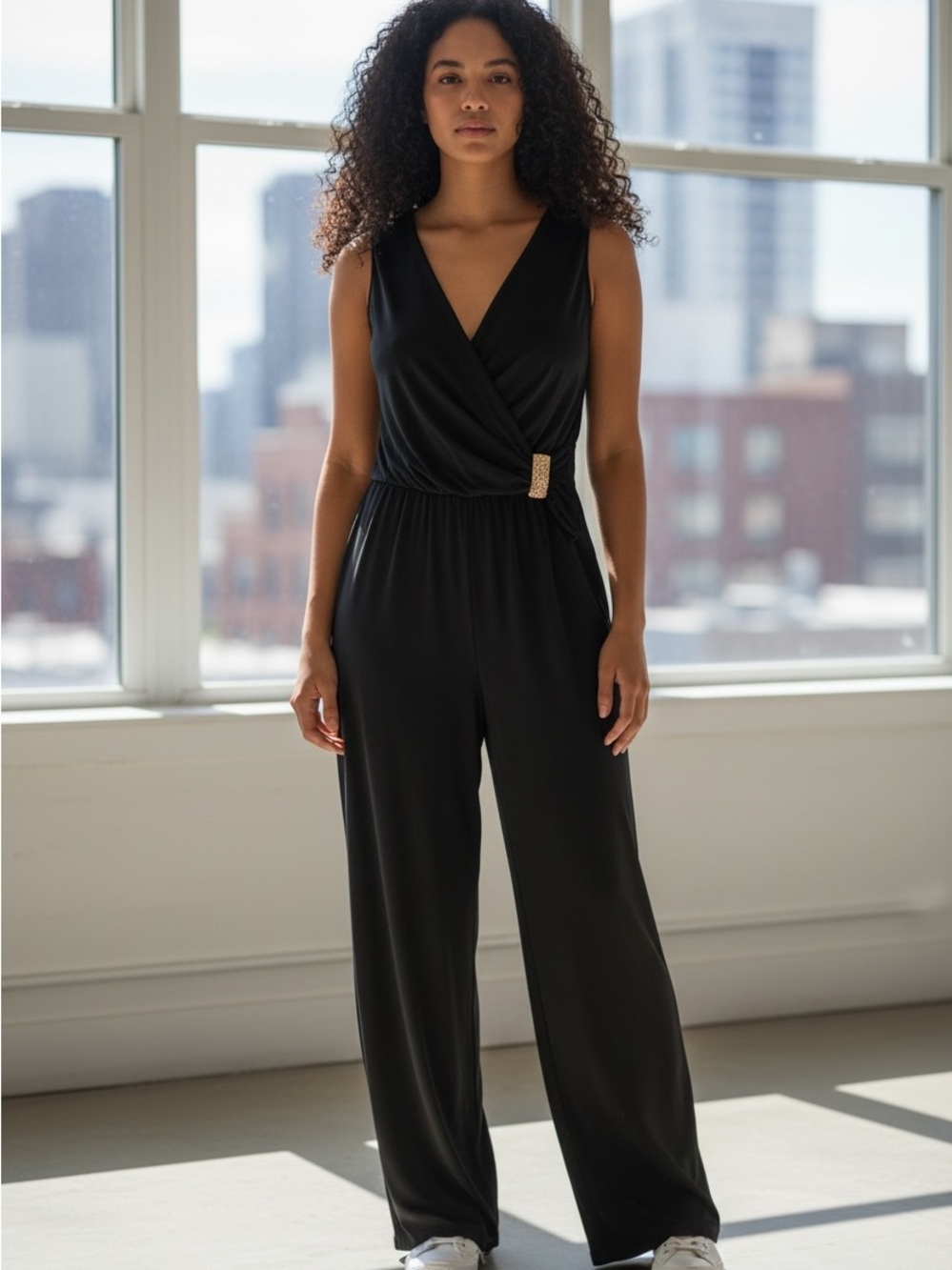 VENUS Black Sleeveless Wrap Jumpsuit with Gold Buckle
